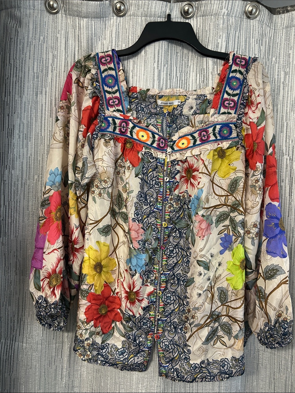 Johnny Was Multi‑Color Floral Embroidered Square‑Neck Blouse